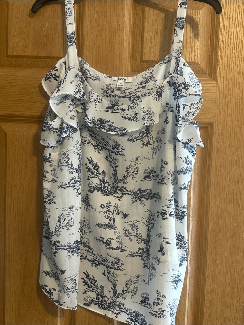 Bar III White & Navy Toile Ruffle Strap Camisole
